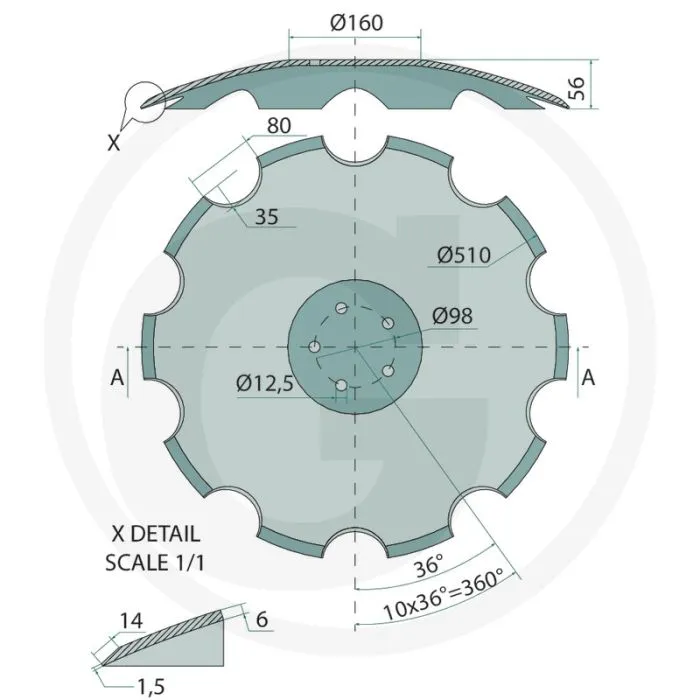 EGGESCHIJF GETAND Ø510X6 MM  10 TANDEN, 5 BORINGEN