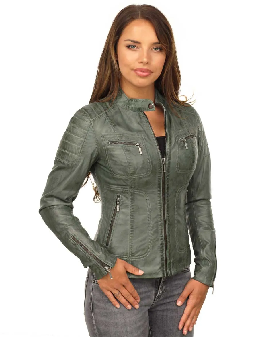 leren dames jas bikerlook Miami groen Versano