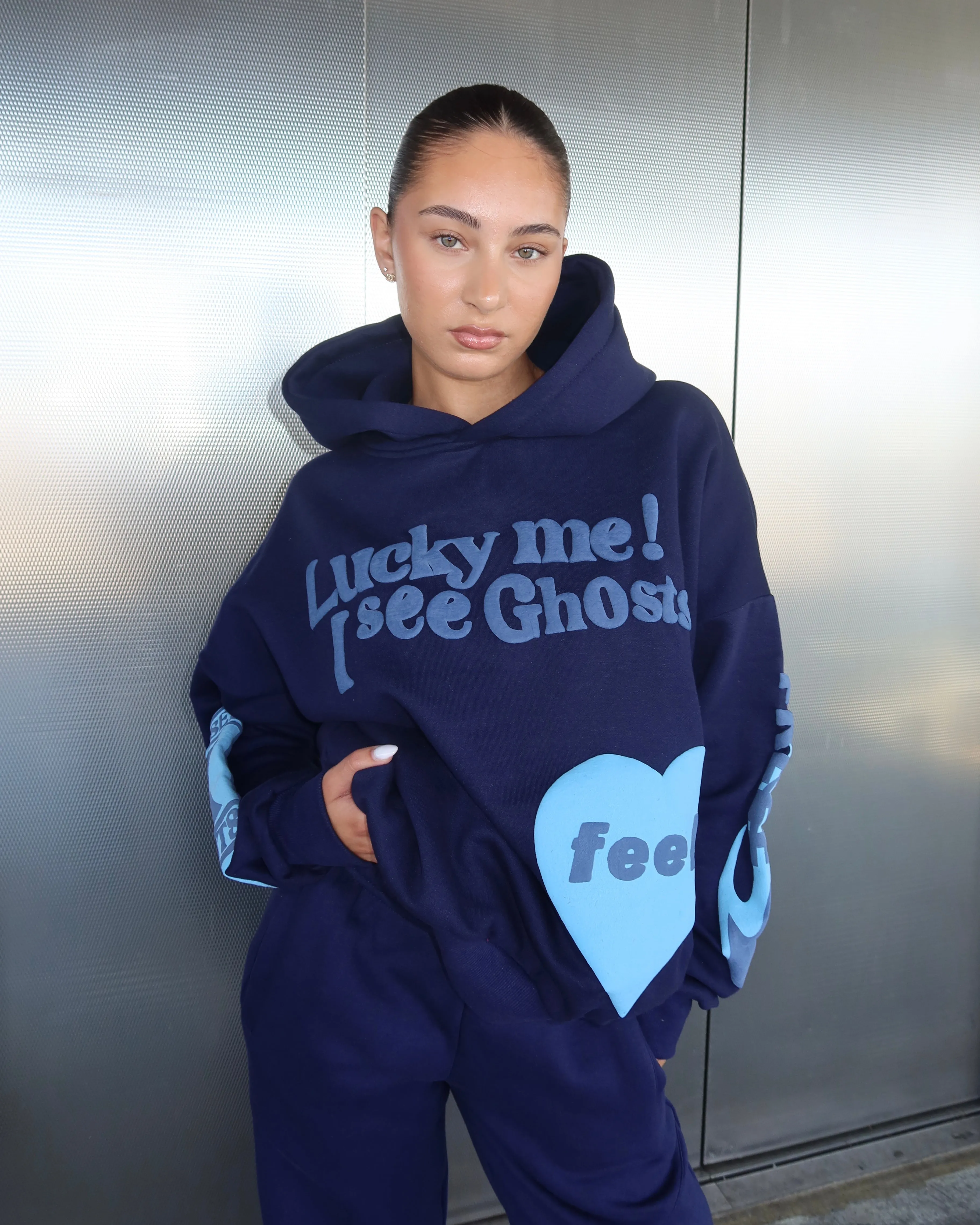 Lucky me hoodie navy blue