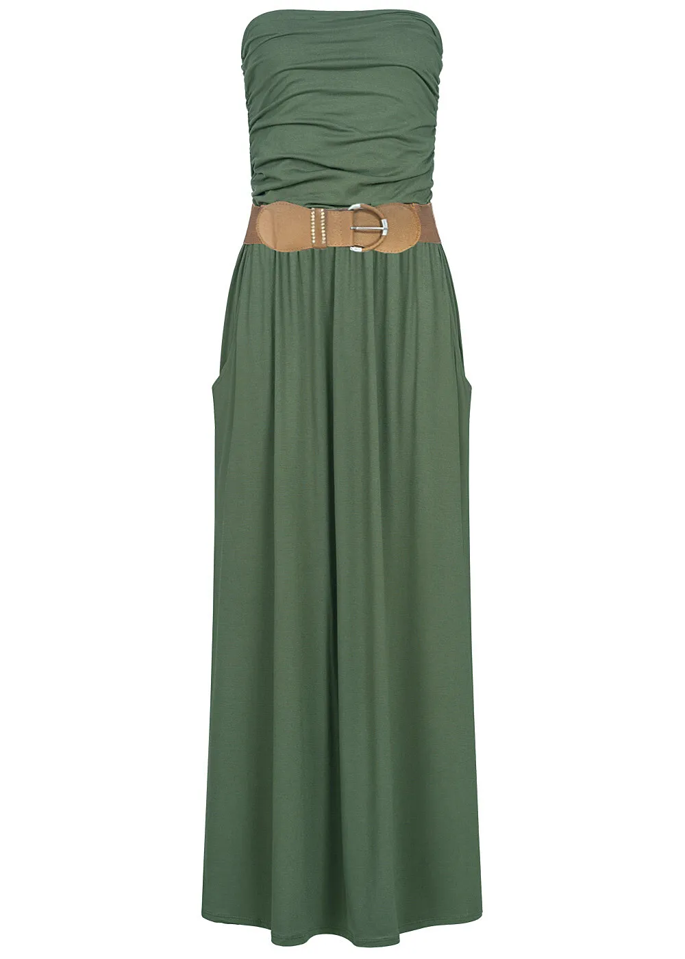STYLEBOOM FASHION DAMES LONGFORM BANDEAU JURK 2POCKETS MILITARY GROEN